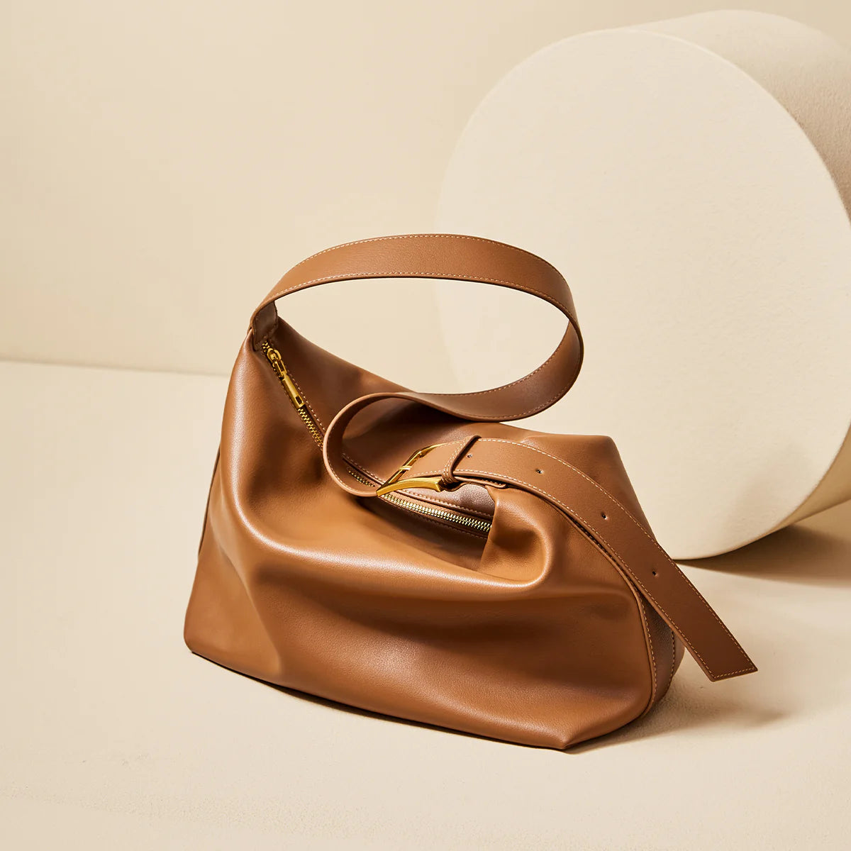 Nalandu Soft Leather Slouch Shoulder Hobo Bag - Brown