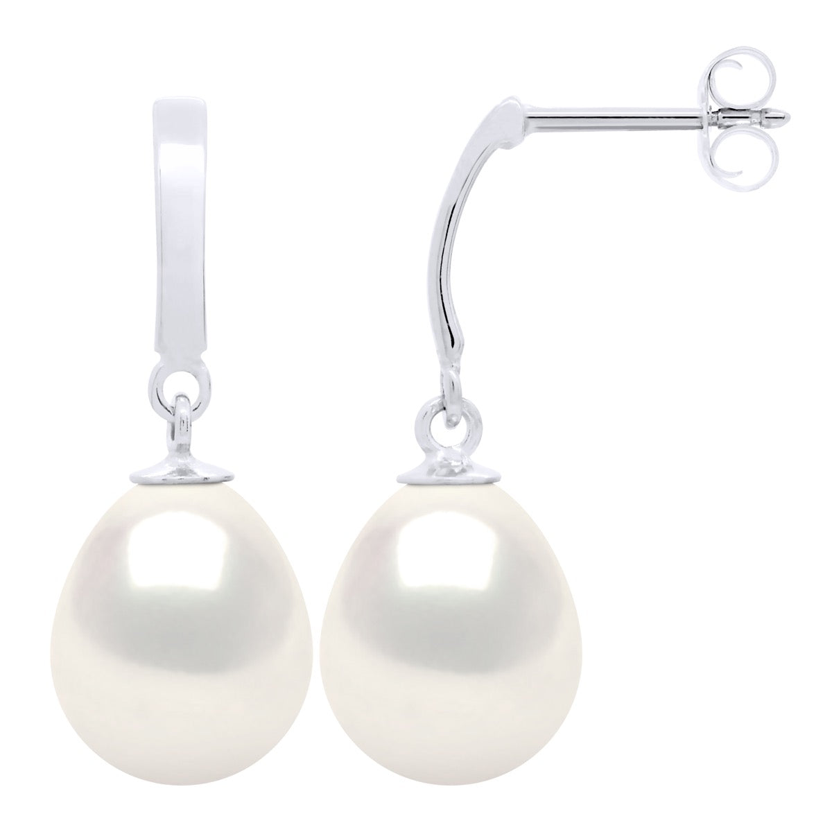 Earrings In White Gold 375 and Real Cultured Freshwater Pearls Pear 10-11 mm - Natural Pearl White - Longueur 18 cm