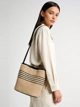 Striped Woven Straw Bucket Bag - Natural
