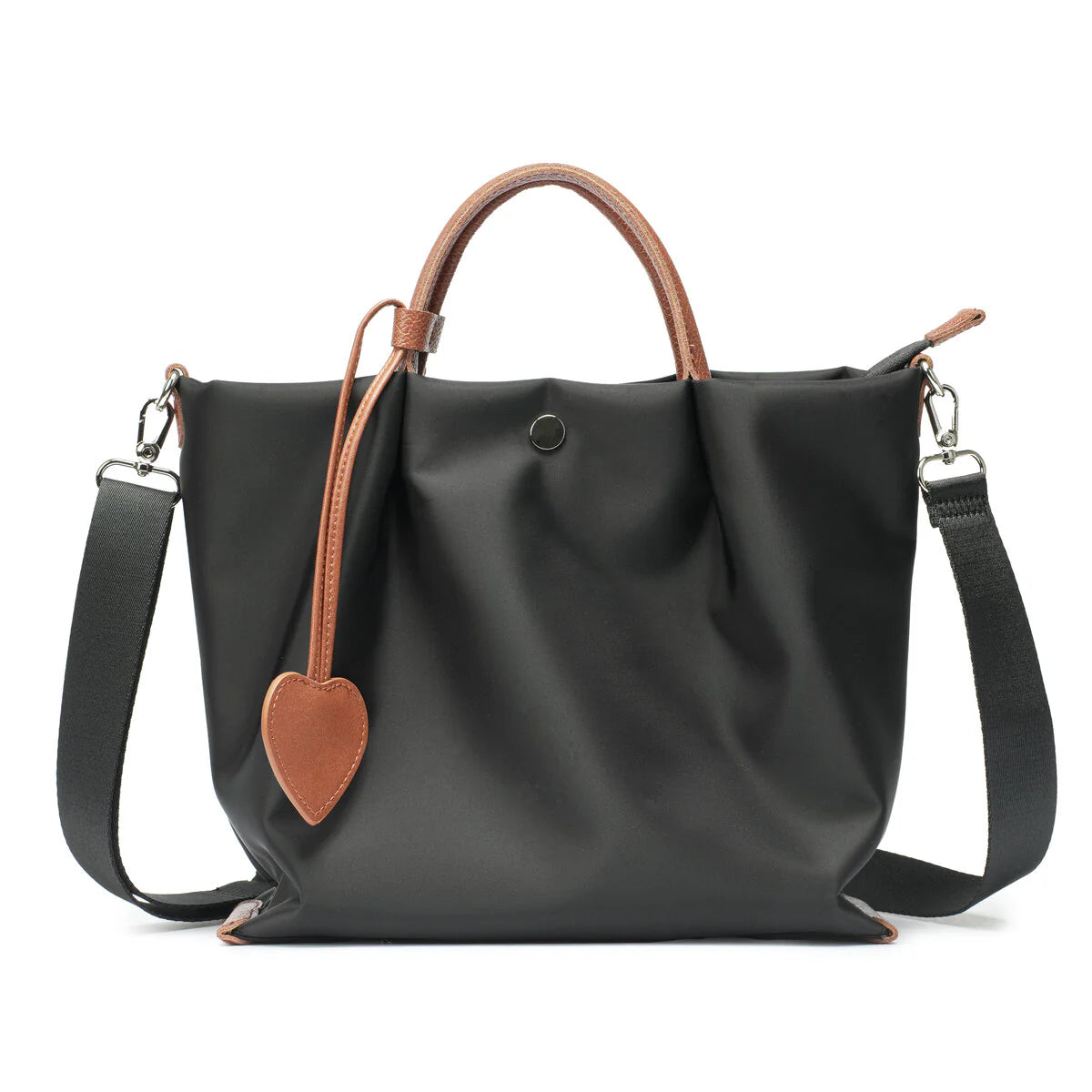 BAMEI Lightweight Water-Resistant Nylon Tote Bag with Leather Trim - Black