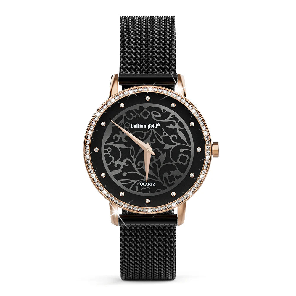Bullion Gold Bullion Gold Elite Watch Embellished with Rhinestone - Rose Gold and Black