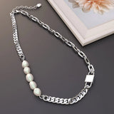 Bullion Gold Paperclip Cuban Chain Link Pearl Necklace in White Gold