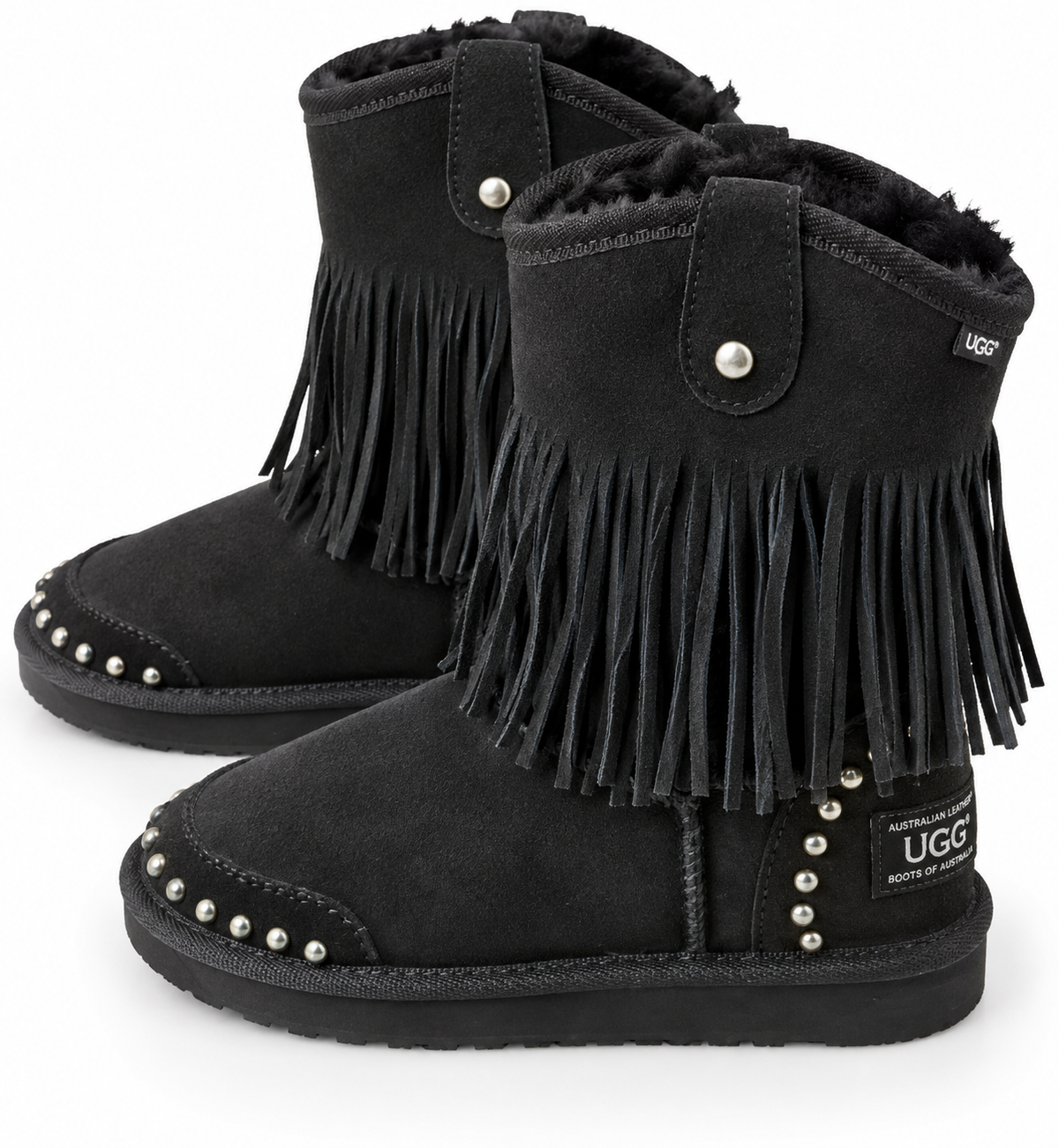Australian Leather Ugg Classic Short Fringe Stud - Black - AU5
