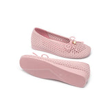 Pearl Bow Heart Mesh Knit Round Toe Wedge Flats - Pink