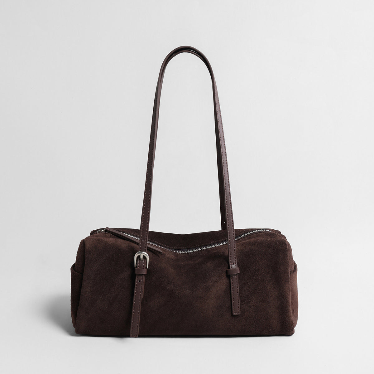 Vintage Suede Barrel Shoulder Bag – Adjustable Leather Crossbody Tote