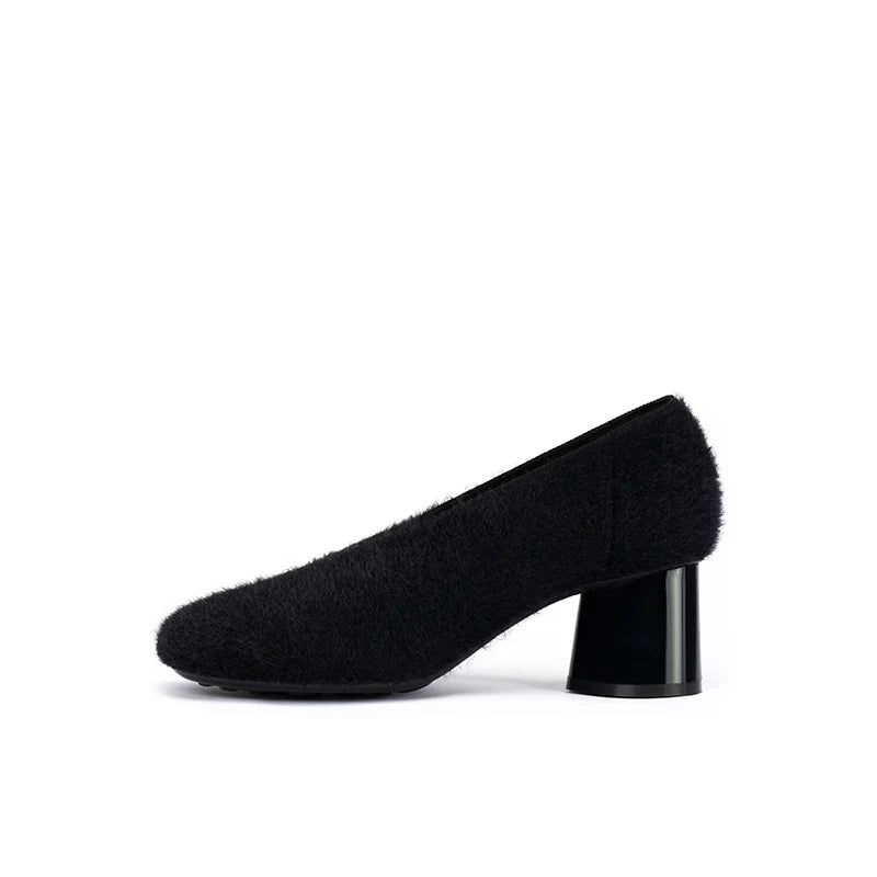 Fuzzy Round Toe Block Heel Pumps - Black