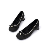Pearl Bow Knit Square Toe Loafer Pumps - Black