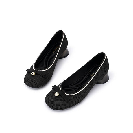 Pearl Bow Knit Square Toe Loafer Pumps - Black