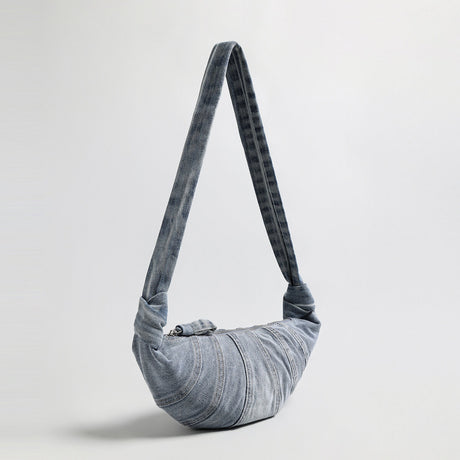 Washed Denim Croissant Shoulder Bag - Denim