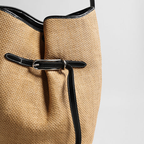 Belted Woven Straw Bucket Bag - Natural
