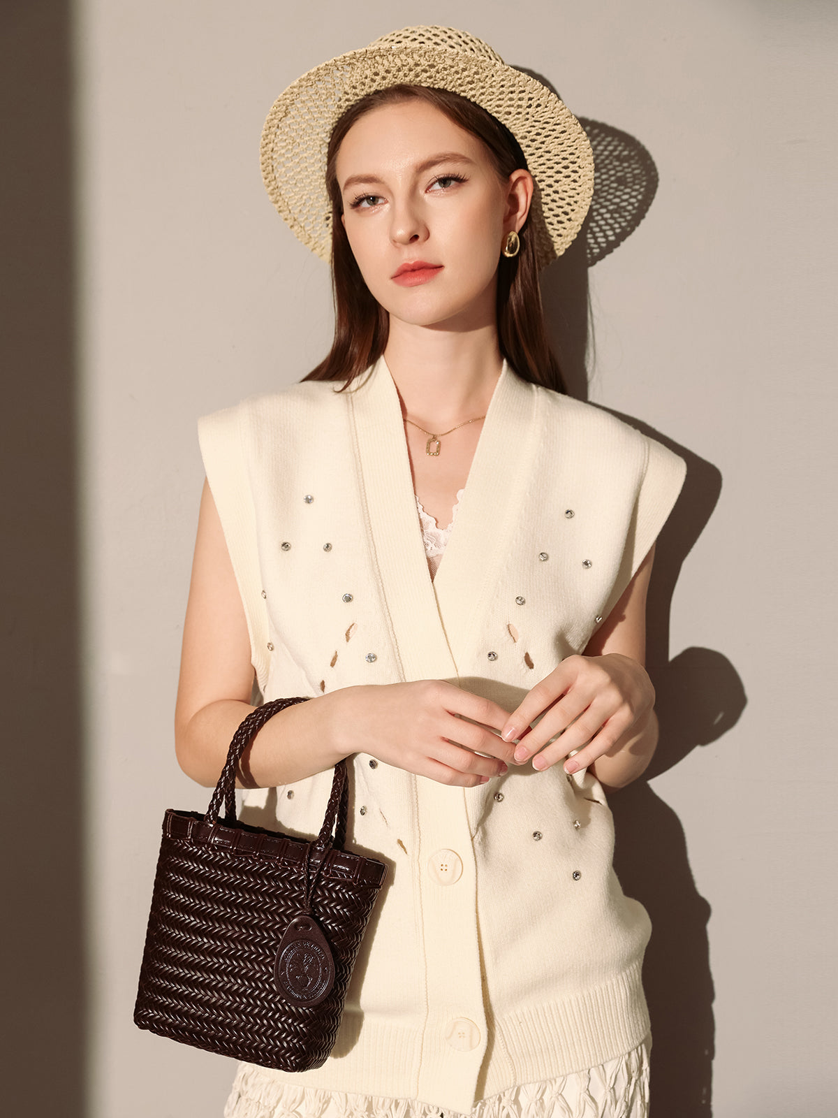 Siena Handwoven Calf Leather Basket Tote - Chocolate