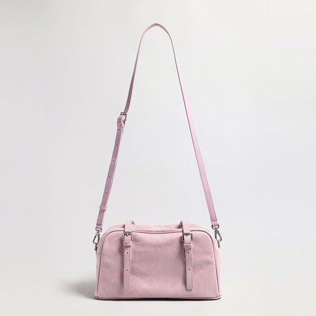 Oil-Wax Leather Boston Bowling Shoulder Bag - Pink