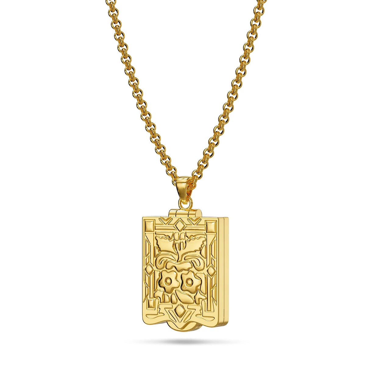 Bullion Gold Engraved Shield Photo Locket Necklace