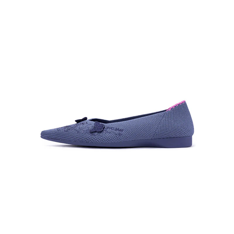 Butterfly Floral Knit Pointed Toe Ballet Flats - Indigo