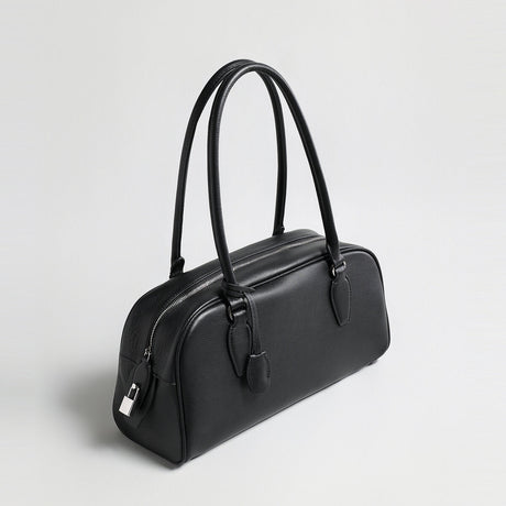 Pebbled Leather Bowling Bag with Padlock Detail - Black