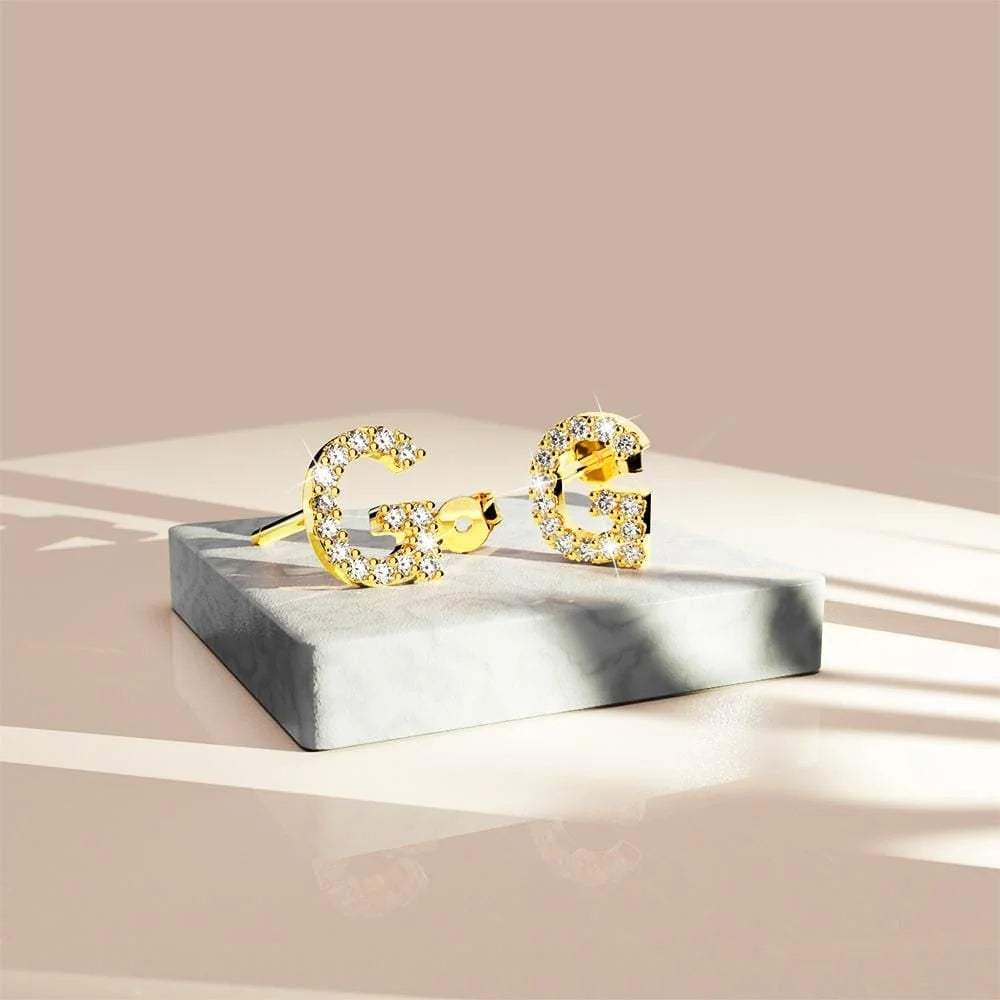 Solid 925 Sterling Silver Glamour Alphabet Letter Earrings Gold