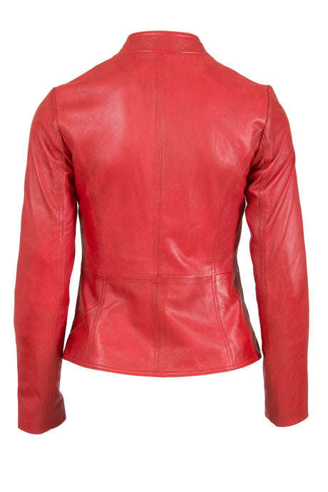 Womens Leather Stand Up Collar Jacket in Red