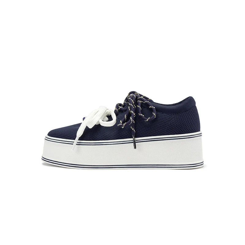 Dual Lace Platform Knit Sneakers - Navy