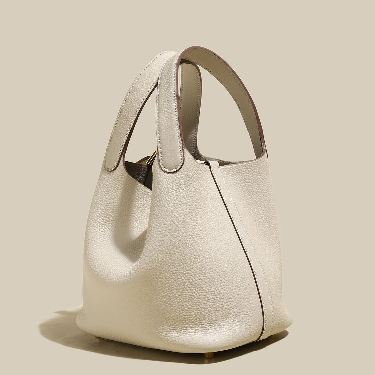 Premium Pebbled Leather Bucket Tote Bag - Ivory