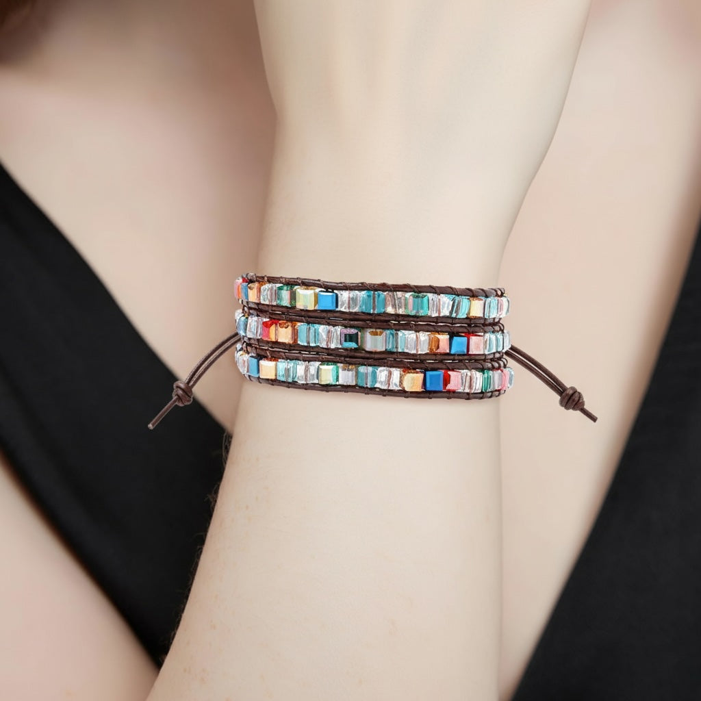 Liv Oliver Multi Crystal Leather Wrap Bracelet