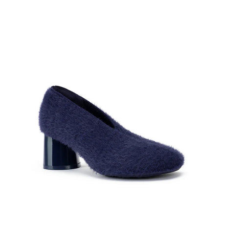 Fuzzy Round Toe Block Heel Pumps - Navy