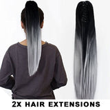 2Pcs Two Tone Ombre High Grade Silver Gray Straight Clip On Pony Tail 24" Hair Clamp11 2X