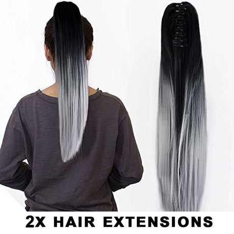 2Pcs Two Tone Ombre High Grade Silver Gray Straight Clip On Pony Tail 24" Hair Clamp11 2X