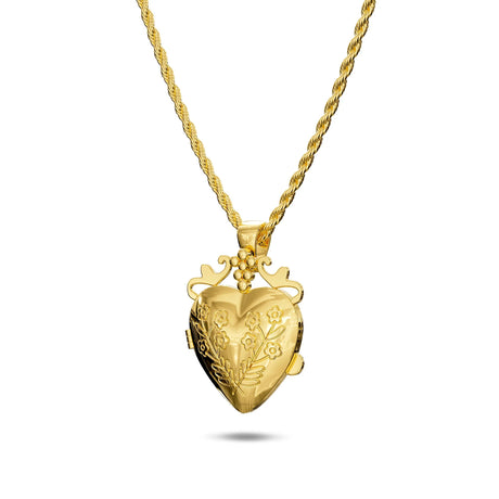 Bullion Gold Floral Heart Photo Locket Necklace