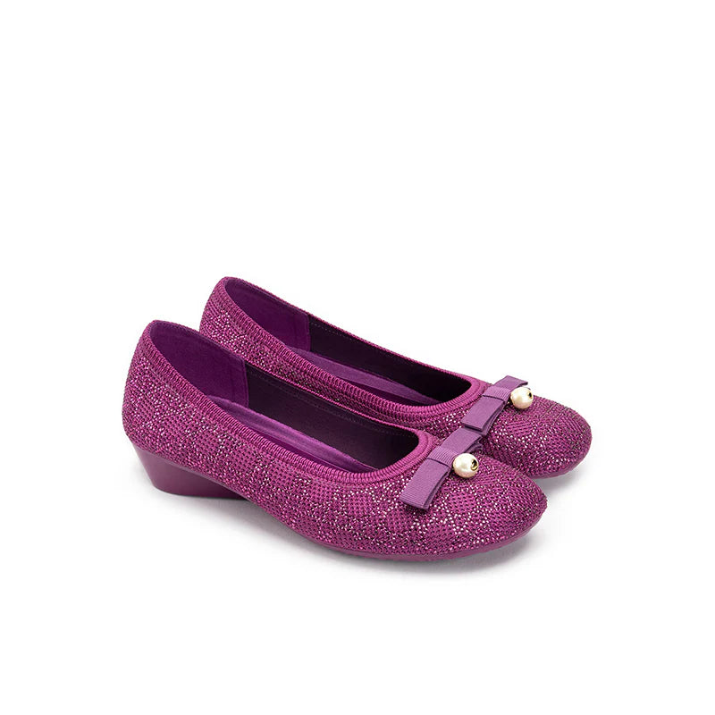 Pearl Bow Czech Crystal Knit Round Toe Wedge Pumps - Fuchsia