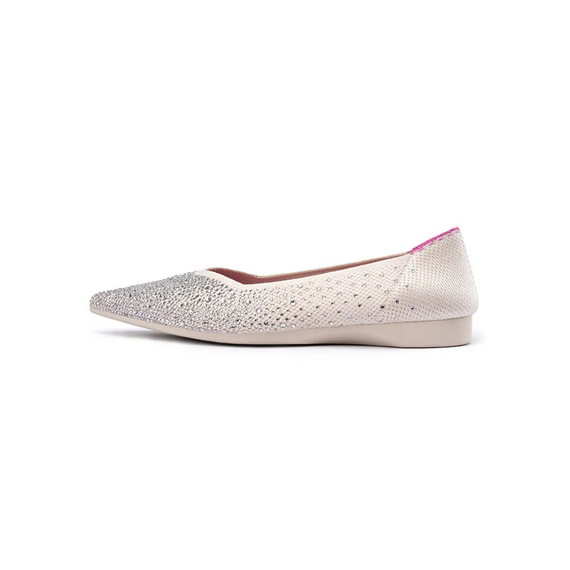 Rhinestone Knit Pointed Toe Ballet Flats - White