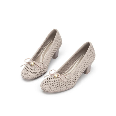 Pearl Bow Mesh Knit Round Toe Pumps - Taupe