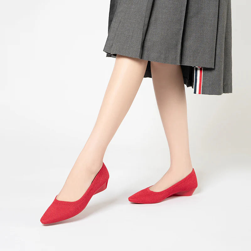 Diagonal Cut Knit Pointed Toe Wedge Flats - Red
