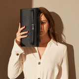 Structured Saffiano Leather Top-Handle Clutch - Black