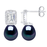 Drop Drop Earrings Freshwater Pearl & Cubic Zirconia Black 8-9mm Stud