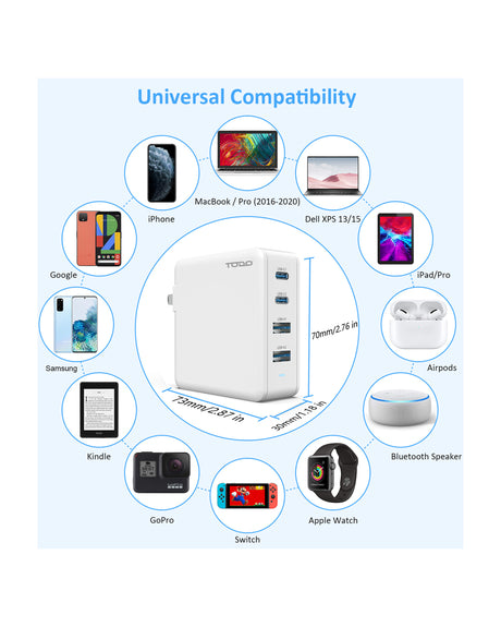 TODO 100W GaN USB C Travel Charger Adaptor Universal Charging Station 4 Port 5A World Adapter