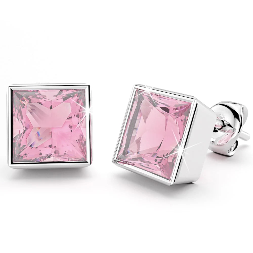 Solid 925 Sterling Silver Bezel Princess-Cut Studs Light Rose 6mm