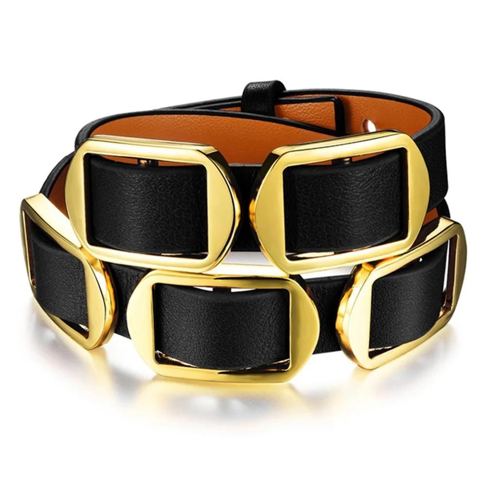 Genuine Cow Leather Wrap Bracelet With 18K Gold Buckle