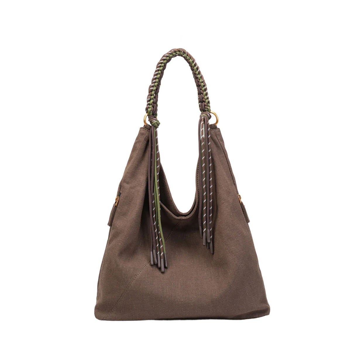 BAMEI Natural Ramie Canvas Braided Handle Tote Bag - Coffee