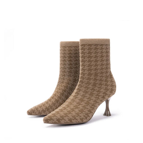 Pointed Toe Stiletto Heel Stretch Ankle Boots - Mocha