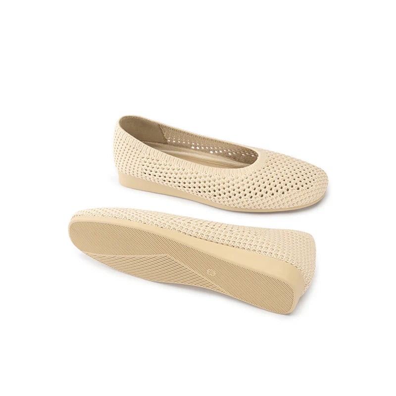 Heart Mesh Knit Square Toe Wedge Flats - Beige