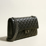 Large Black Quilted Lambskin Leather Flap Shoulder Bag - Black