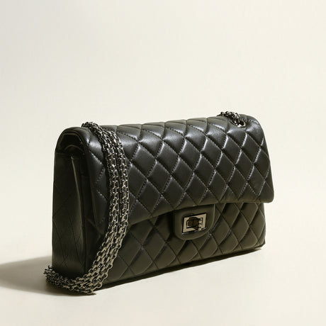 Large Black Quilted Lambskin Leather Flap Shoulder Bag - Black