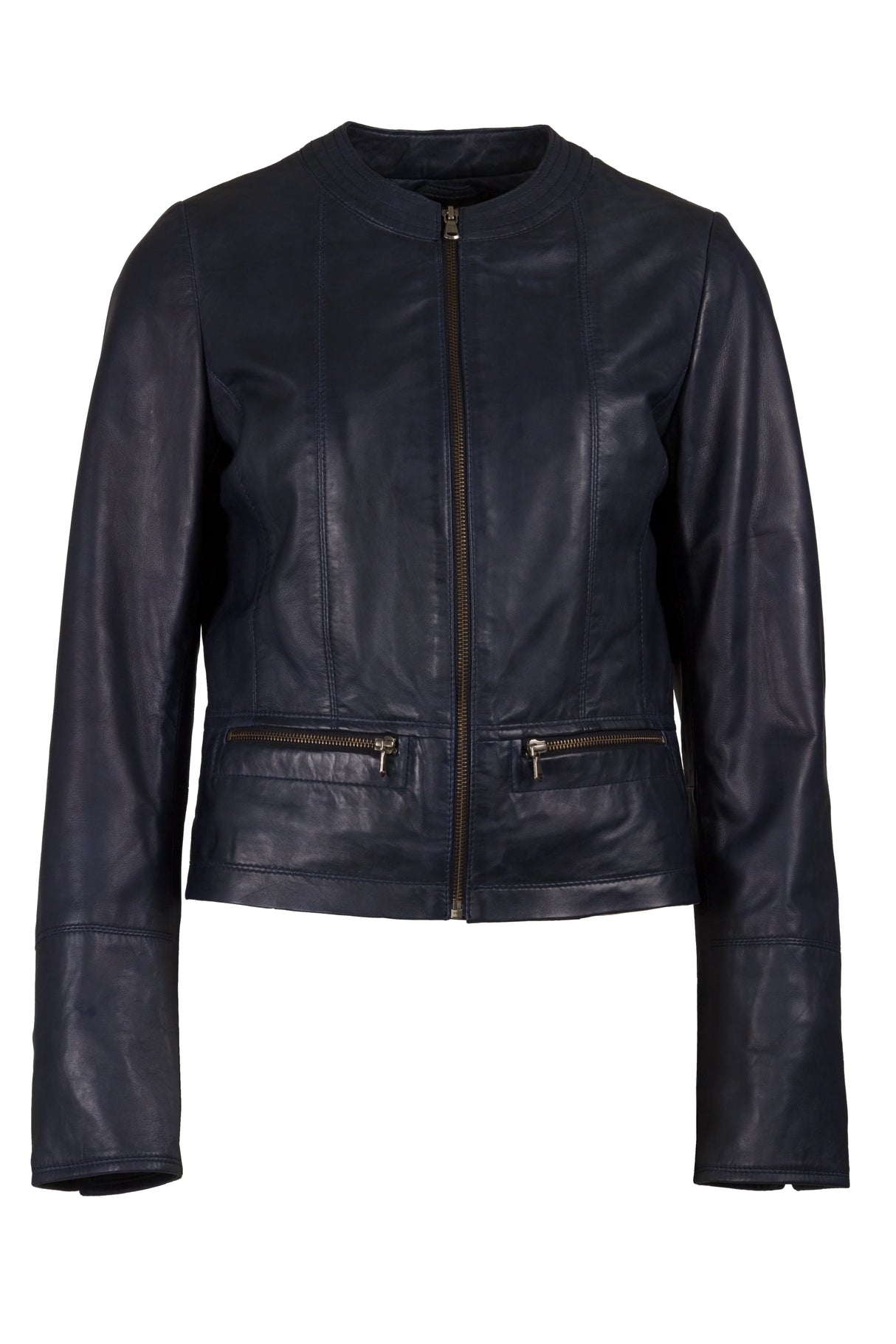 Womens Round Neck Navy Leather Jacket
