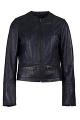 Womens Round Neck Navy Leather Jacket