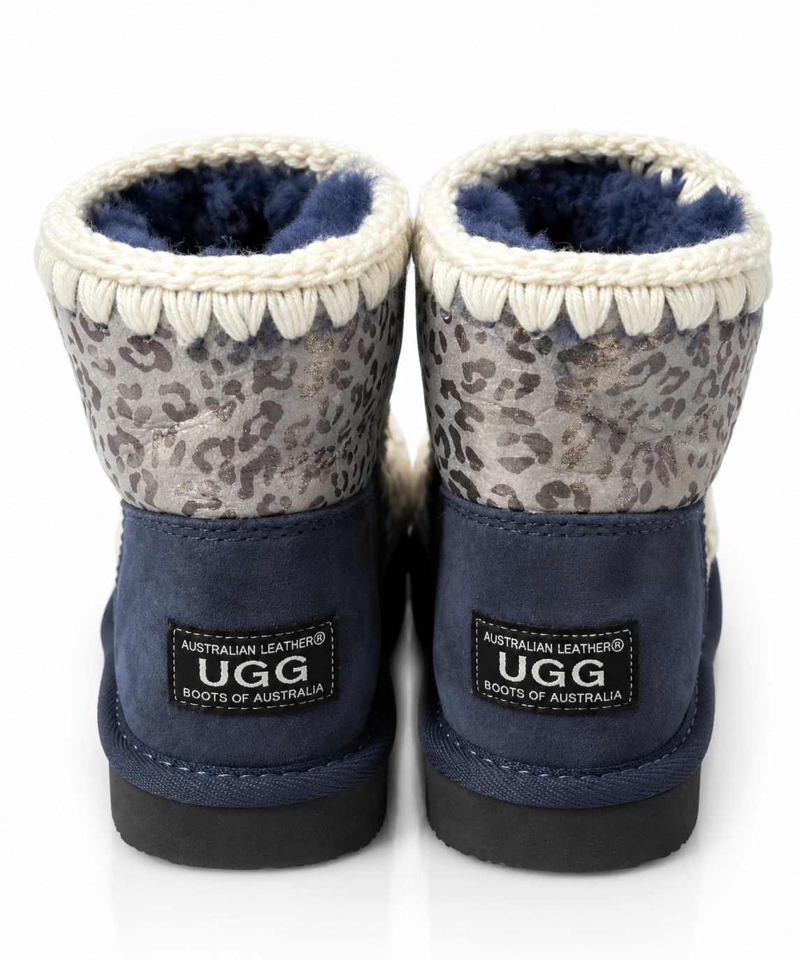 Australian Leather Ugg Mini Leopard Trim Eskimo - Navy - AU4