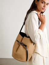 Belted Woven Straw Bucket Bag - Natural