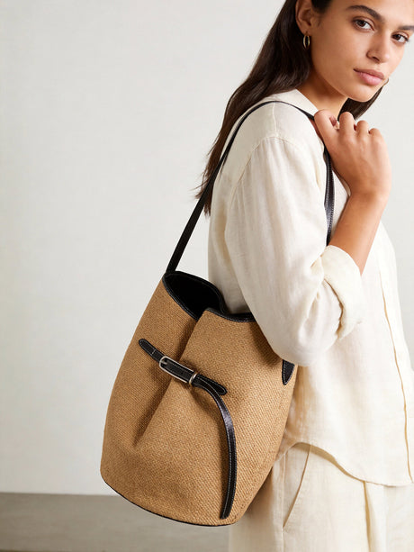 Belted Woven Straw Bucket Bag - Natural