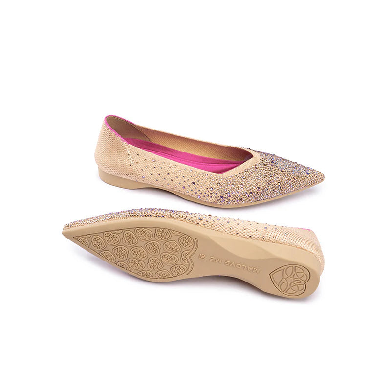 Rhinestone Knit Pointed Toe Ballet Flats - Apricot