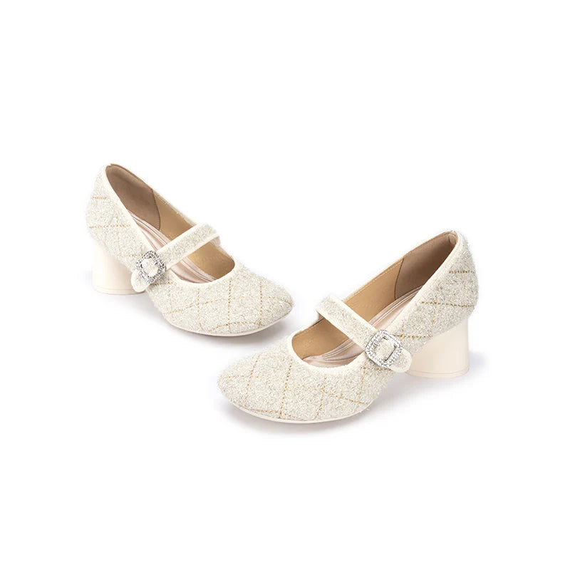 French Vintage Mary Jane Block Heels - Ivory