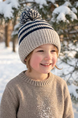 Cherry Red Stripe Kids Beanie W/ Pom Pom - Blue/Cream